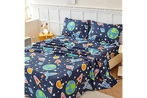 RYNGHIPY Galaxy Bed Sheets for Boys Children Soft and Cozy Kids's Bedding Set Breathable Polyester Microfiber Sheets Room Decor Rocket Stars Print (Navy Galaxy,Full)