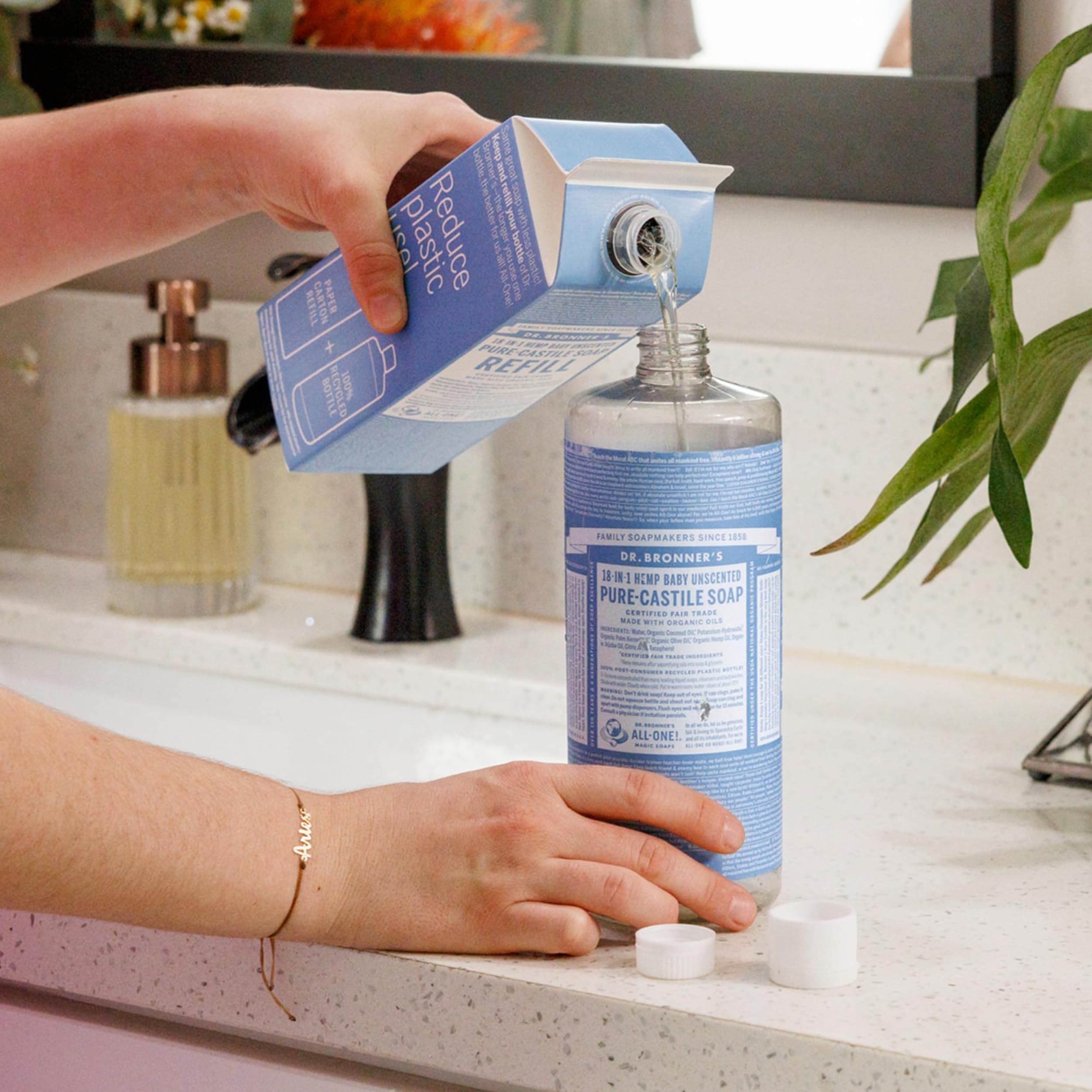 Dr. Bronner's Pure-Castile Liquid Magic Soap Bottle & Refill Carton - Made with Regenerative Organic Certified Oils- 18-in-1 Uses for Face, Body Wash, Hand Soap Refill- Baby Unscented, 32 oz