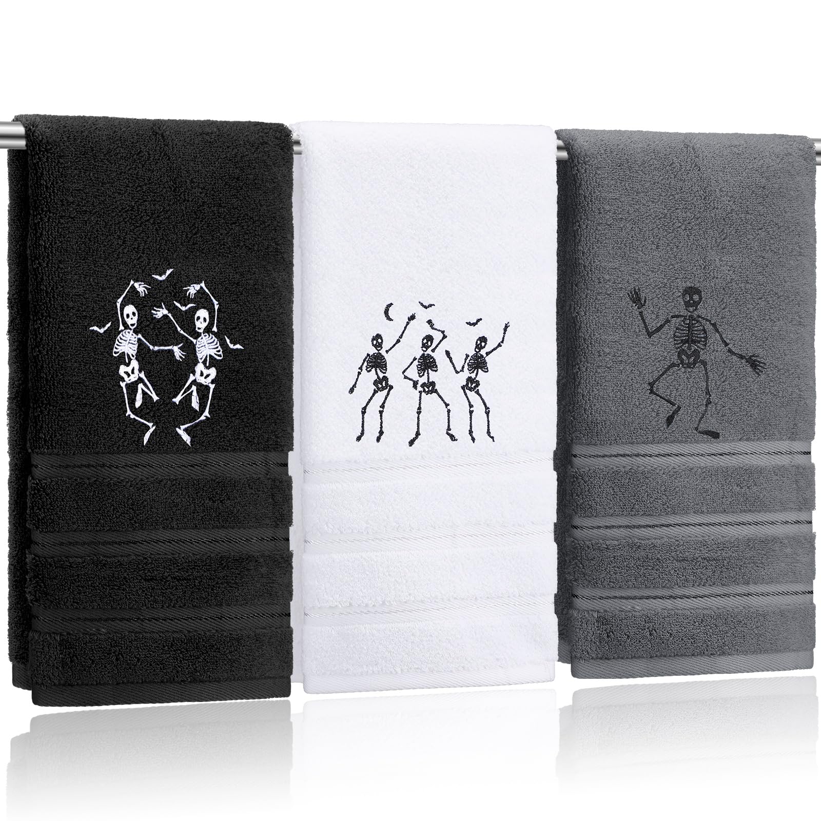 Photo 1 of FuWeave 3 Pcs Funny Halloween Hand Towels Dancing Skeleton Embroidered Decorative Bathroom Towels for Bathroom Kitchen Decor Spooky Set, 100% Cotton, 13.3 x 29.5 Inches