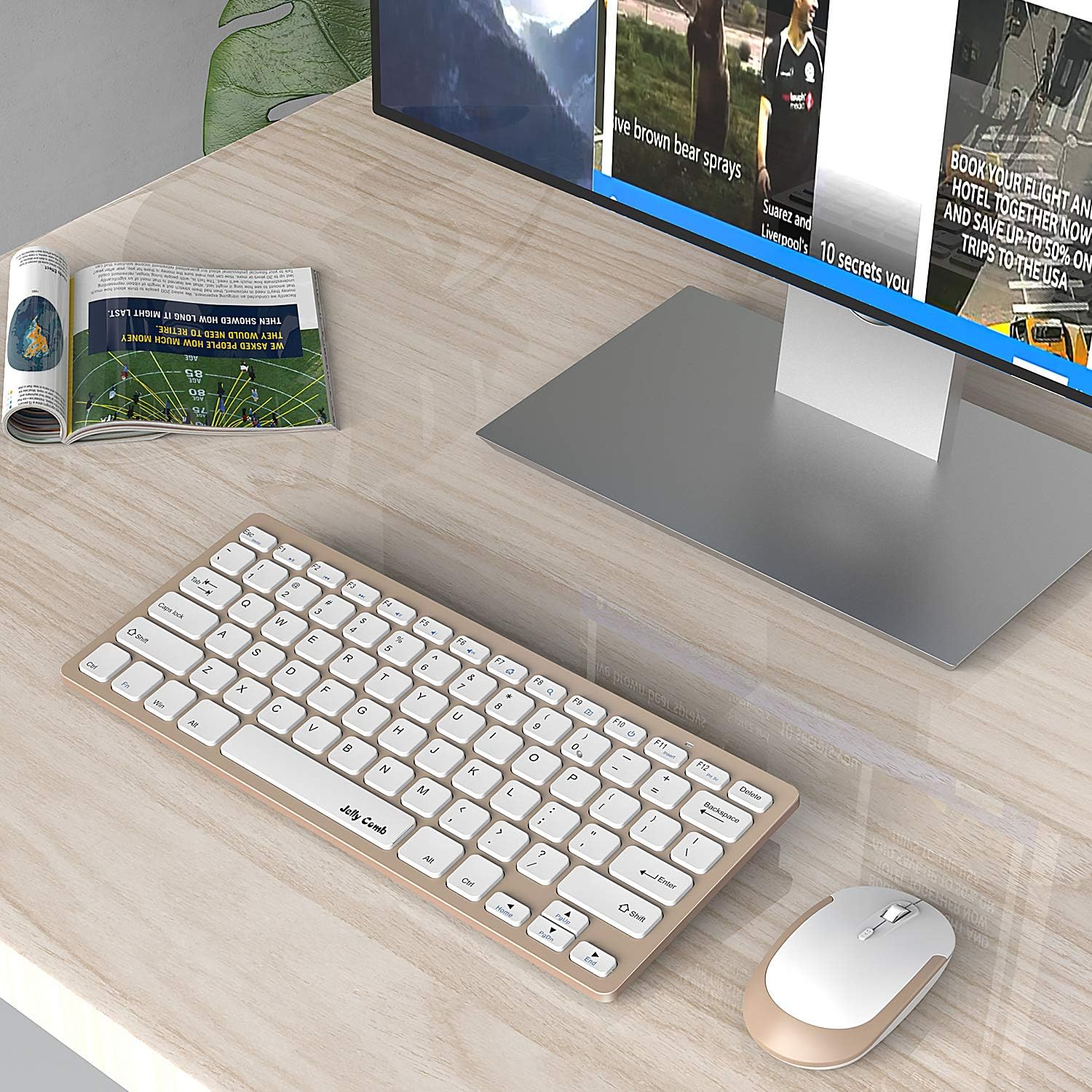 Wireless Keyboard and Mouse, Jelly Comb 2.4G Slim Compact Quiet Small Keyboard and Mouse Combo for Windows, Laptop, PC, Notebook-White and Gold: Computers & Accessories