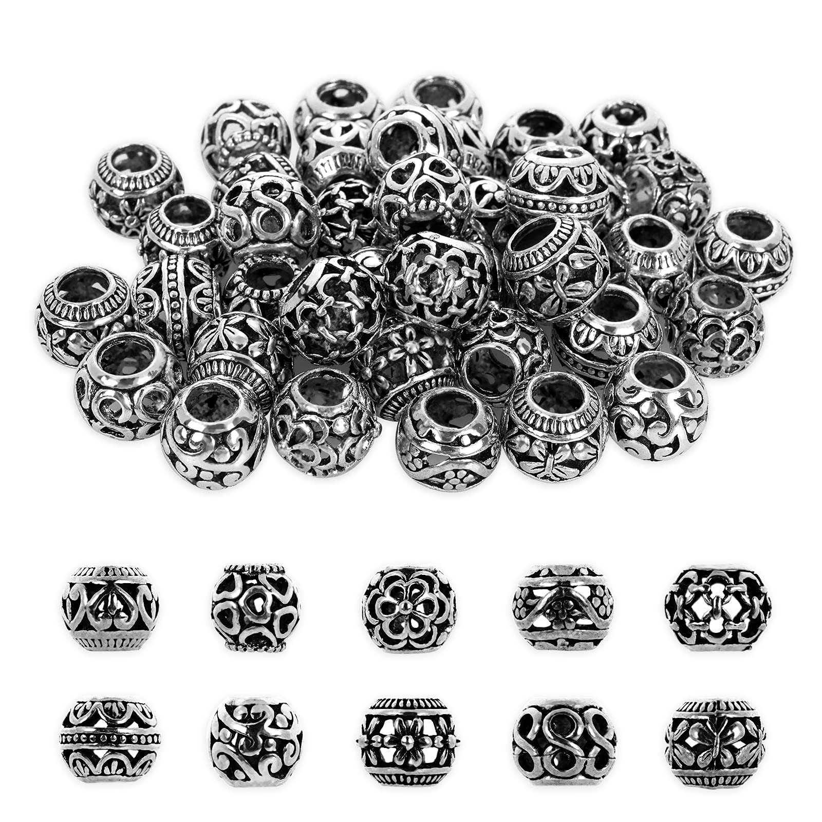 ASTER Pack of 40 Round Silver Zinc Alloy Spacer Beads, 12mm, 10 Styles, Tibetan Mixed Metal, DIY Jewellery