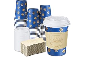 FillTouch 100 Set 12oz Christmas Train Disposable Cups with Lids and Sleeves The Blue Snowflake Paper Cups with Festive Train Sleeve Believe Design for Coffee Hot Chocolate Holiday Party Supplies