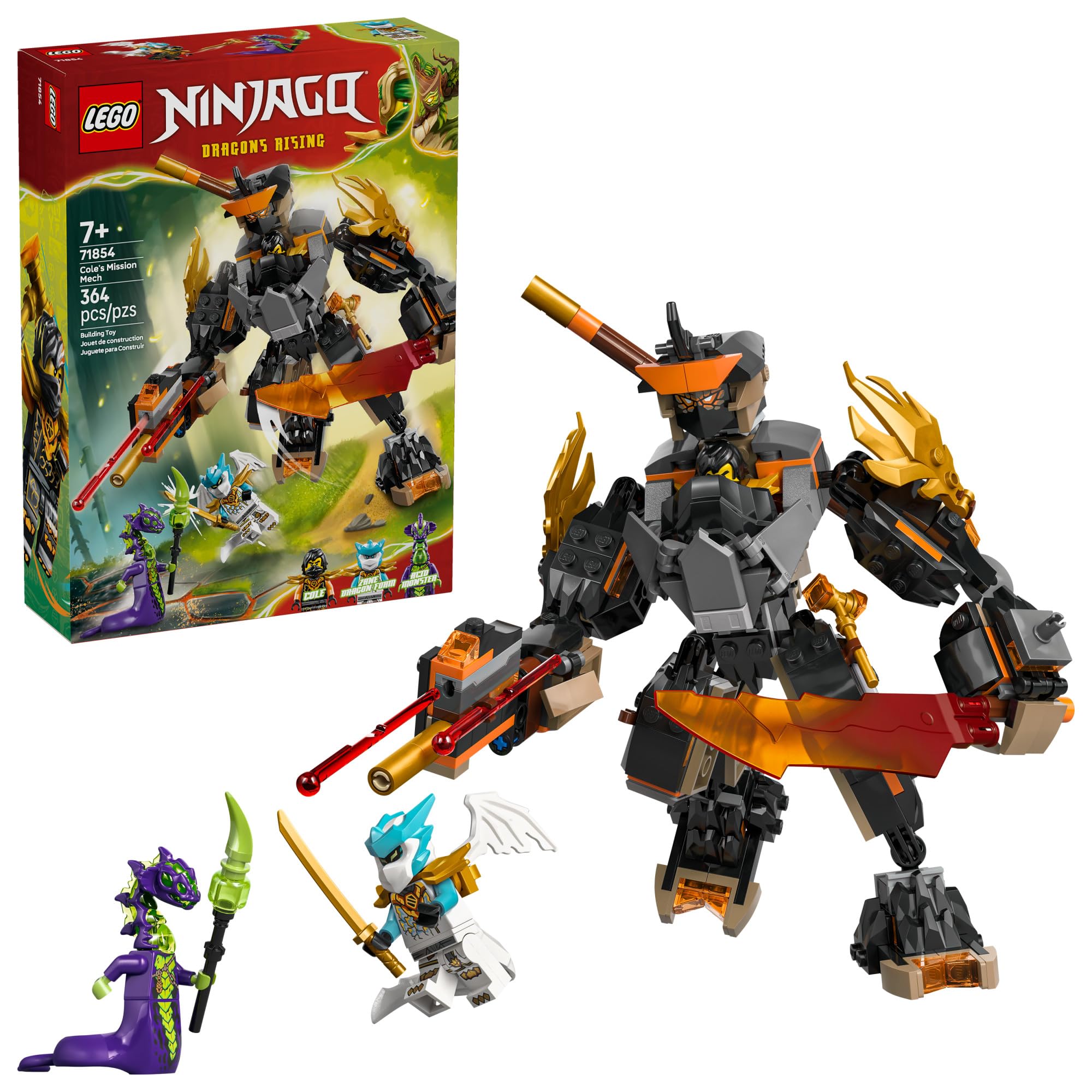 LEGO NINJAGO Cole’s Mission Mech & Dragon Zane Building Toy for Boys, Girls & Kids, Ages 7+ - Poseable Mech W/Cole, Acid Monster, & Zane Minifigures for Pretend Play - Gift Idea for Birthdays - 71854