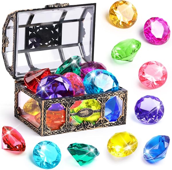Diving Gem Pool Toy 10PCS DISHIO Big Colorful Diamond Diving Toy with Treasure Box Chest Pirate Pool Toys for Kids Toddlers U