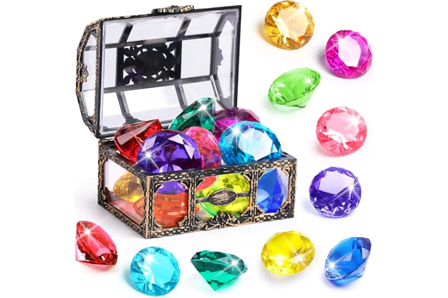 Diving Gem Pool Toy 10PCS DISHIO Big Colorful Diamond Diving Toy with Treasure Box Chest Pirate Pool Toys for Kids Toddlers Underwater Sinking Dive Gemstone for Swimming Bath Birthday Party Decoration