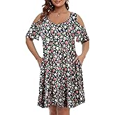JollieLovin Womens Plus Size Short Sleeve Cold Shoulder V Neck T-Shirt Dress with Pockets