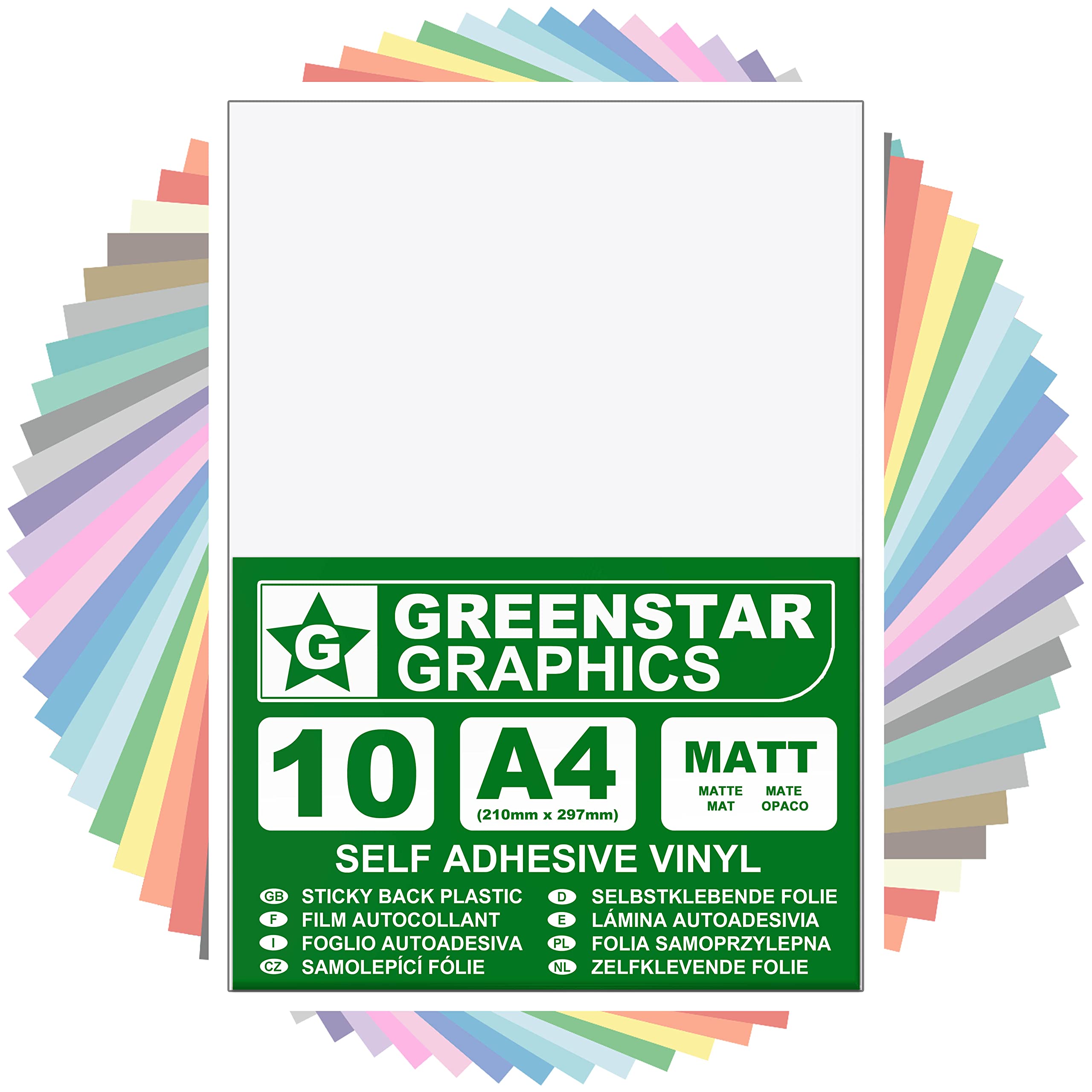 GREENSTAR GRAPHICS MATT A4 STICKY BACK PLASTIC SELF ADHESIVE ART & CRAFT VINYL (10 SHEET PACK). Compatible With 12” Cricut, Silhouette Cameo/Curio/Portrait, Scan N Cut (WHITE MATT 10 A4)