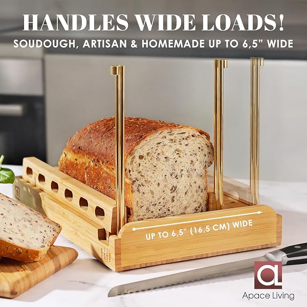 DITTO 2.0 BAMBOO BREAD SLICER FOR HOMEMADE BREAD – 6.5″ WIDE ADJUSTABLE BREAD SLICER GUIDE CUTS EVEN SLICES, 4 THICKNESS OPTIONS – WORKS WITH BUNS, BAGELS – INCL CRUMB TRAY