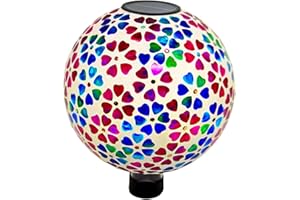 VOREEN Mosaic Solar Gazing Ball, 10" Handmade Glass Garden Globe with Colorful Heart-Flower Design, Outdoor Patio Lawn Yard D