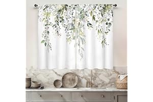 Famiffty Eucalyptus Leaves Kitchen Curtains Rod Pocket Watercolor Sage Green Leaf on The Top Floral Small Short Cafe Tier Curtains Plant Window Drape Treatment Home Decor(27.5W X 39L Inch 2 Panels)