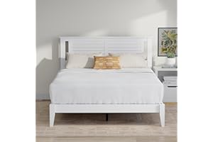 COMFIQ Serene Farmhouse Style Solid Wood Bed Frame in Queen Size with Horizontal Scoring Headboard, Coastal Modern Design, Sturdy, Easy Assembly, Ample Underbed Storage, White Finish