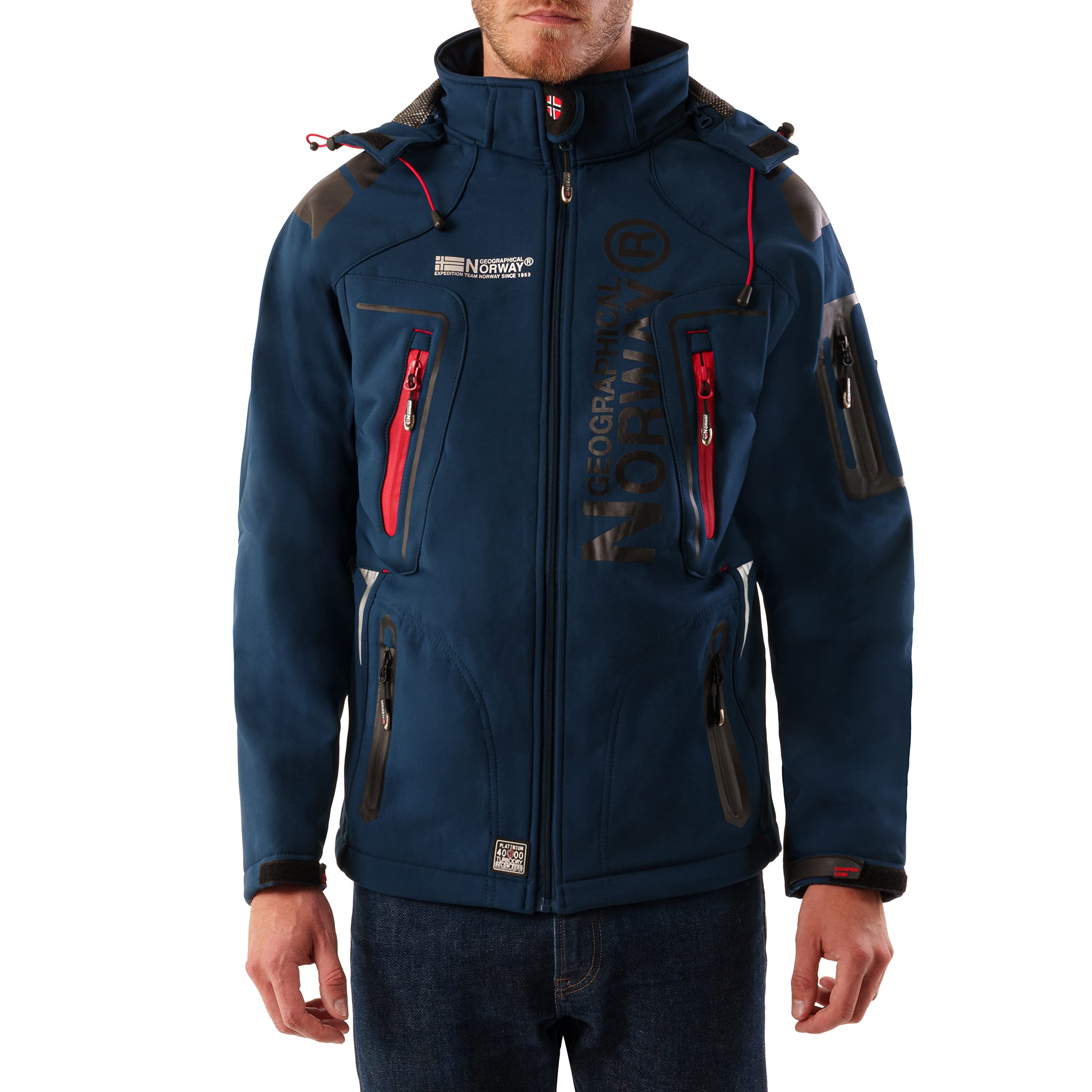 Geographical Norway Techno Men - Men's Waterproof Softshell Hooded Jacket - Comfortable Outdoor Jacket Tactical Windbreaker - Hiking Skiing Autumn Winter Spring (Marine-red S)