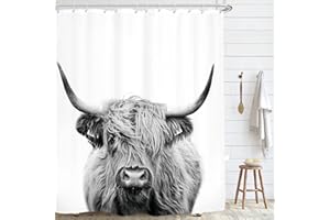 AMBZEK Highland Cow Shower Curtain 60Wx72L Inch Rustic Bull Portrait Western Farmhouse Cattle Country Restroom Accessories Funny Cute Farm Animal Grey White Fabric Bathroom Decor Set with 12 Hooks
