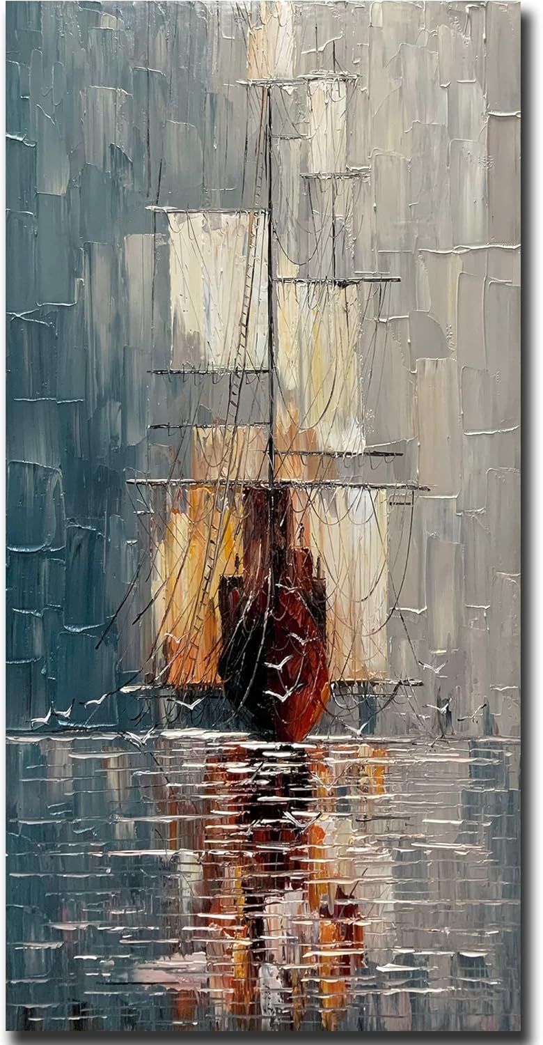 Paintings - V-inspire Art, 24x48 Inch Modern Abstract Ocean Canvas Wall Art Hand Painted Oil Paintings - Ship That Sails Away - Beach Painting Nautical Artwork for Bathroom Living room Bedroom Decor