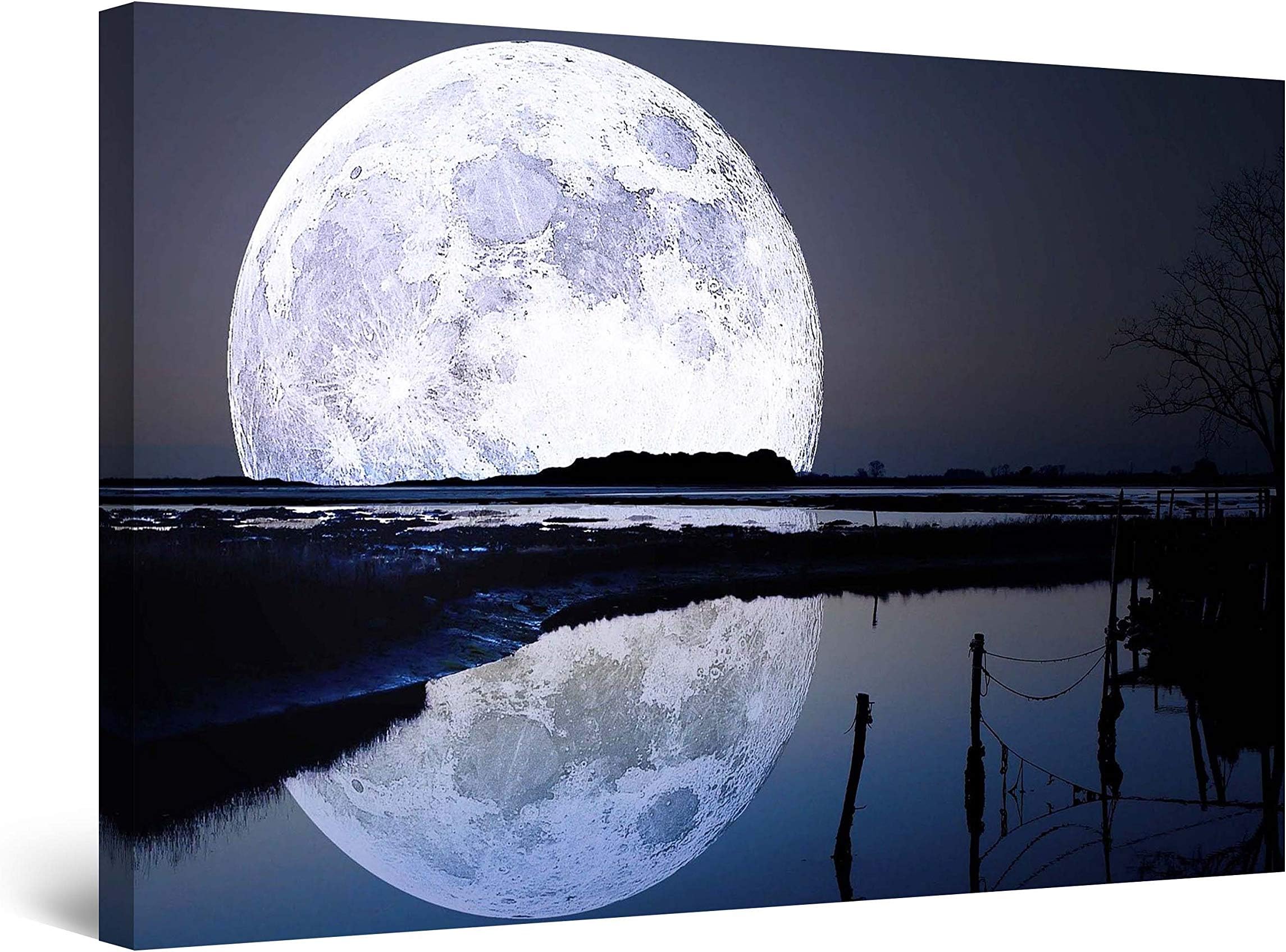 StartonightWall Art Canvas Full Moon Water Reflection, Sky Framed 60 x 90 CM