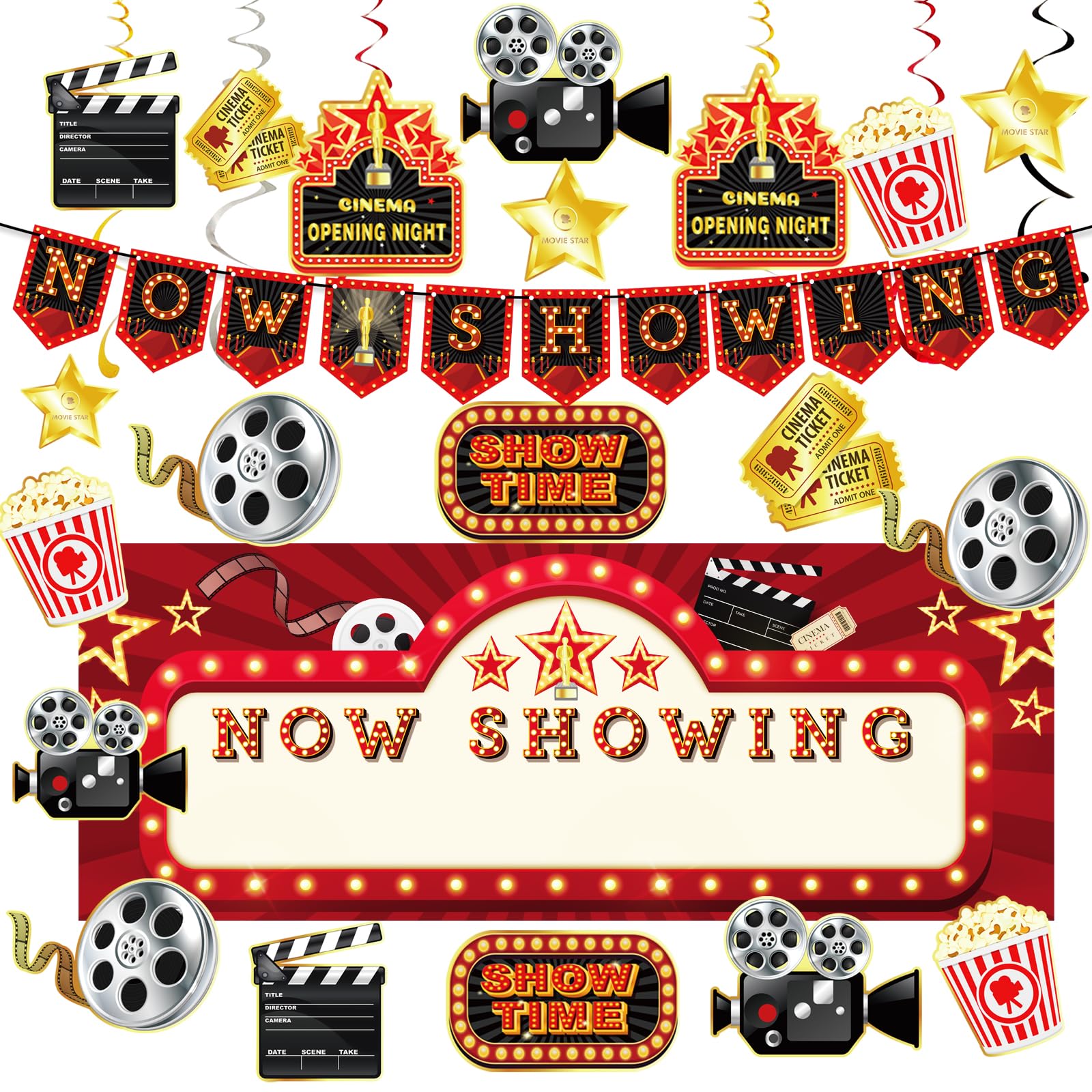 Photo 1 of Lnkdeya Movie Night Party Decorations - 60 Pcs Kit Now Showing Banner Hanging Foil Swirls Film Backdrop Movie Theater Themed for Birthday Party Family Party Boys Girls