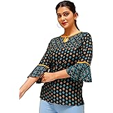 Yash Gallery Women's Rayon Bell Sleeve Floral 3/4 Sleeves Printed Regular Tops for Summer