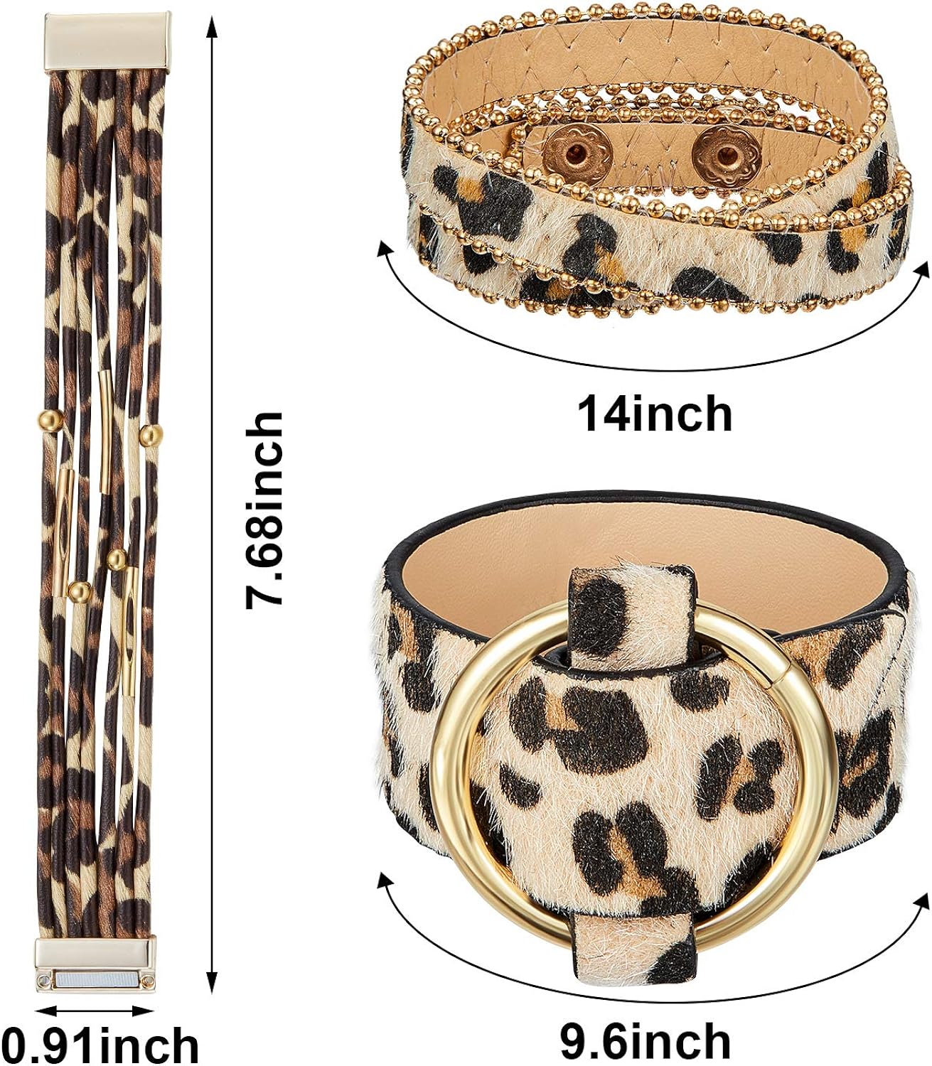 Hicarer 5 Pieces Leopard Tube Bracelet Multilayer Leather Cuff Bracelet Boho Leopard Wrap Bracelet: Jewelry