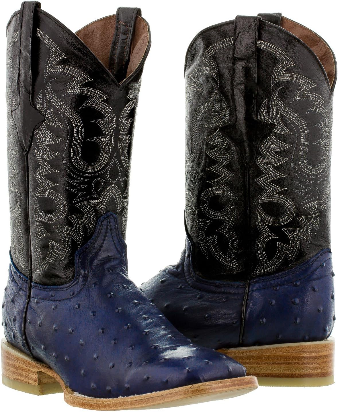 Texas Legacy - Men's Blue Ostrich Quill Print Leather Cowboy Boots Square Toe