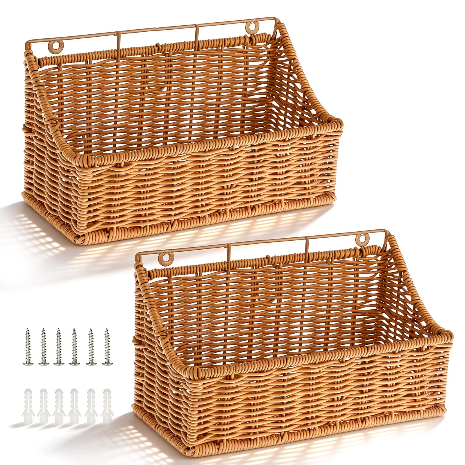 Photo 1 of OwnMy 2PCS Plastic Wicker Hanging Basket Wall Mount Storage Baskets for Kitchen Organizing Fruit, Onion, Potato, Vegetable, Hanging Fruit Baskets for Kitchen Counter/Pantry/Cabinet