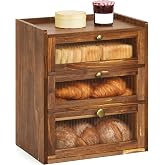 Luollabytel 3 Layer Wooden Bread Box with Acrylic Window, Large Capacity | Natural Pine Wood, 2 Layer Large Capacity Vintage Farmhouse, Kitchen Countertop Organizer, Raised Top Edge, Curved Bottom