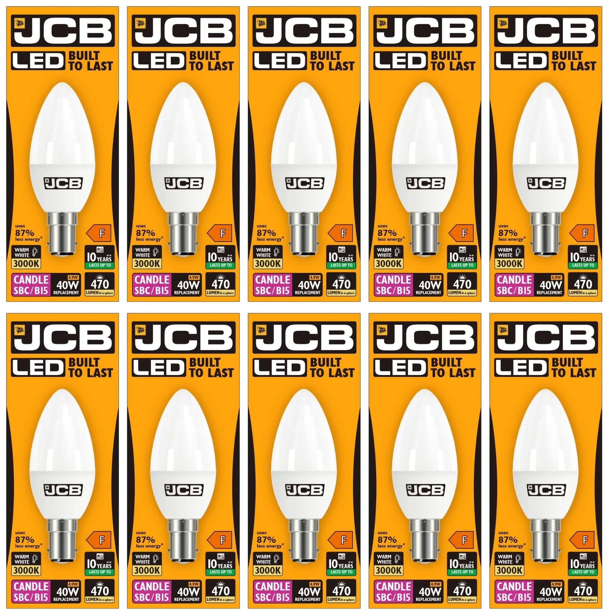10 X JCB 6w = 40w LED Opal Candles - 3000k - Warm White (6w = 40w, Small Bayonet Cap (SBC) [Energy Class A+]