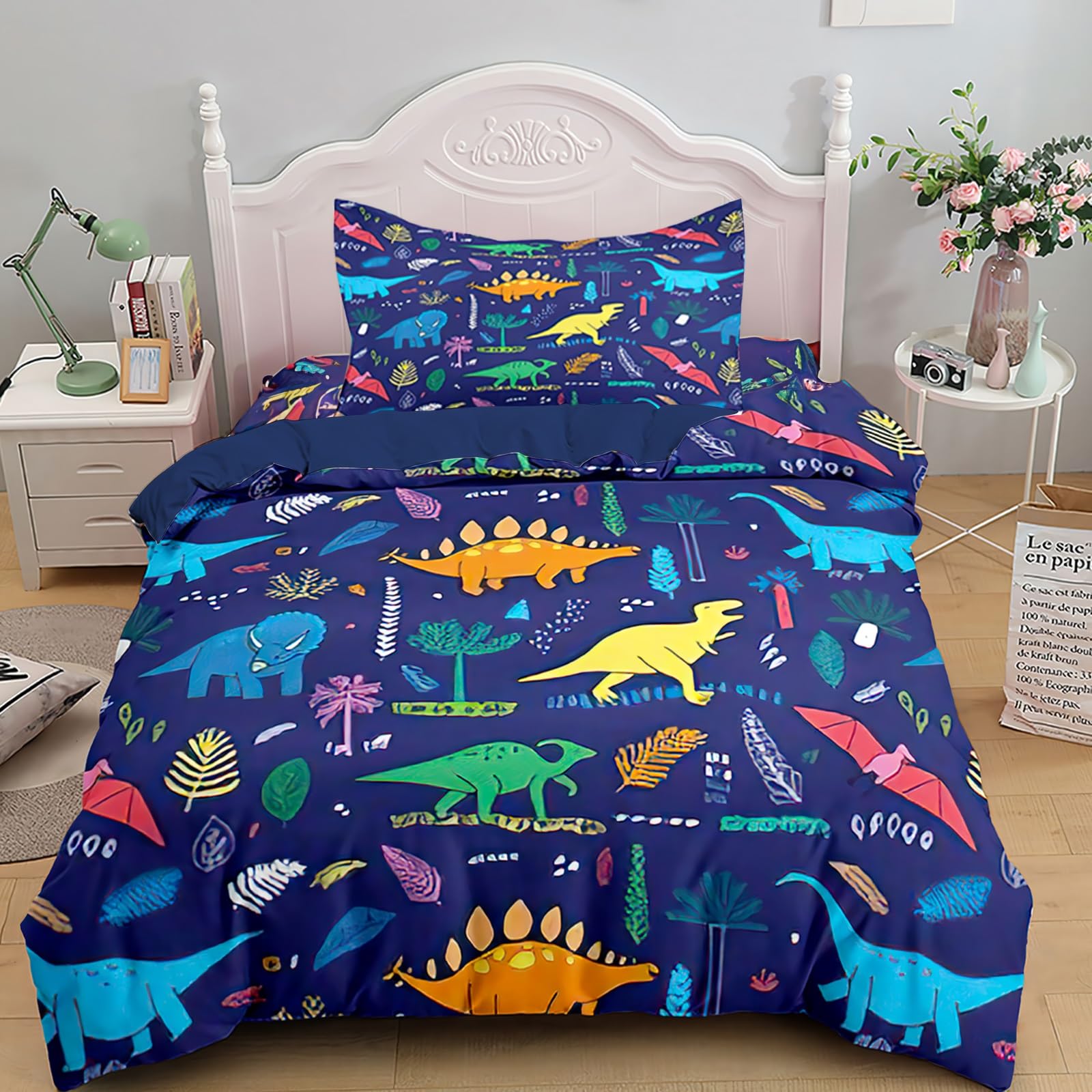 Decalsweet Dinosaur Duvet Cover Set for Boys,Dino Palm Leaf Bedding Set for Kids Children,Soft Breathable Quilt Cover with Pillowcase,Single(Blue),2 pcs