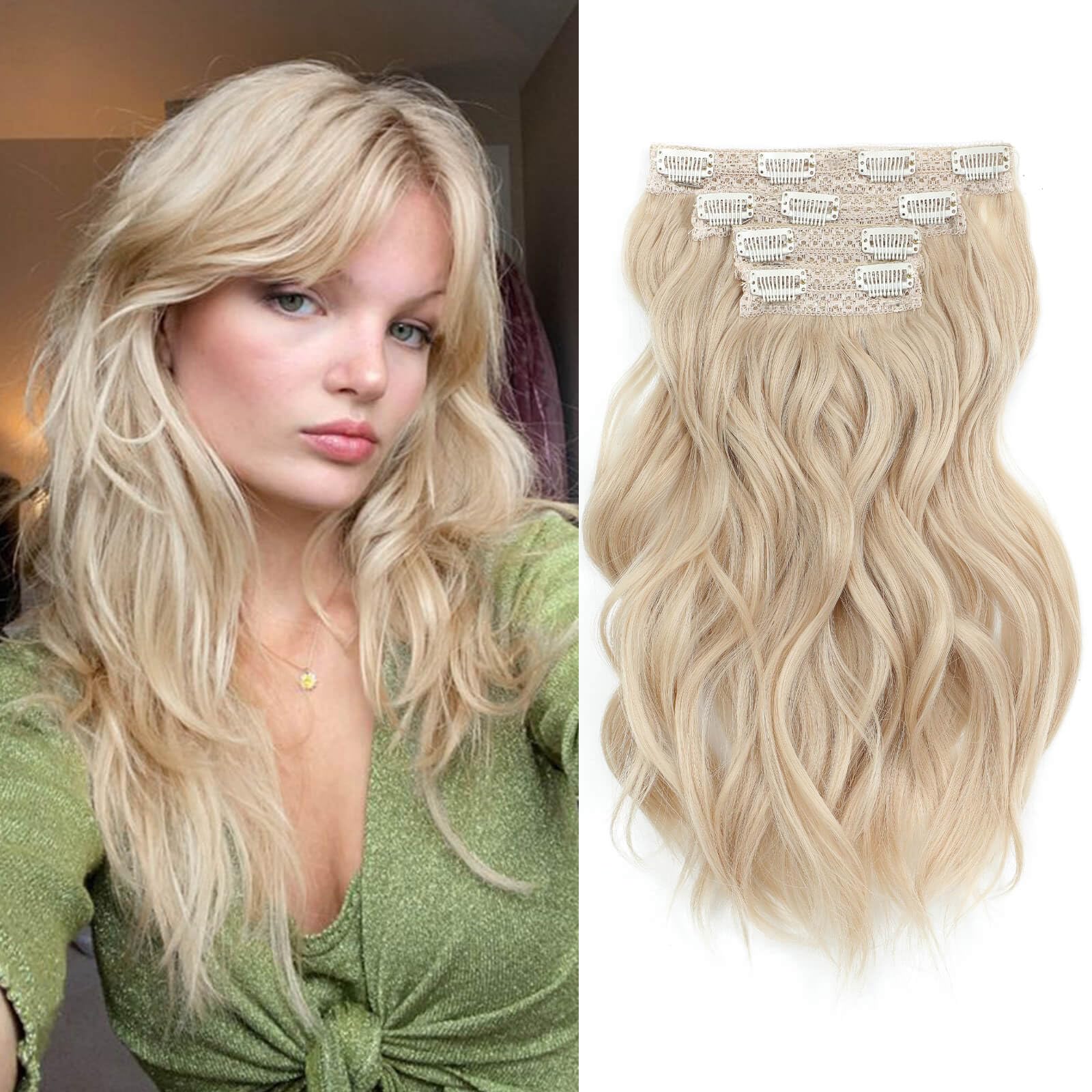 Flyroseing Bleach Blonde Clip in Hair Extension, Blonde Hair Extensions Invisible Lace Weft Synthetic Natural Soft 14 Inch Short Wavy Curly Hair Extensions Full Head Hairpieces for Women