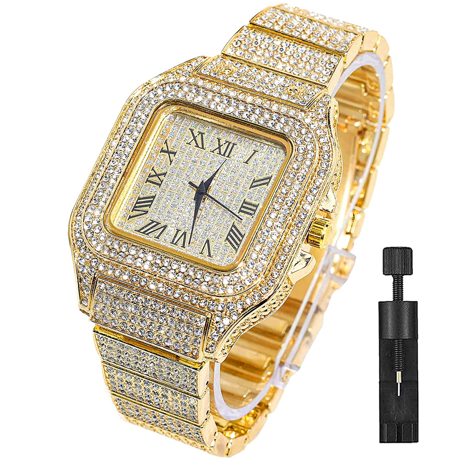 Photo 1 of *MINOR DAMAGE - USED*
Apzzic Diamond Watch Iced Out CZ Fashion Delicate Cuban Link Watch Square Dial Quartz Wristband Analog Wrist Watch for Men Women Gold Color, AZWT02-GNA