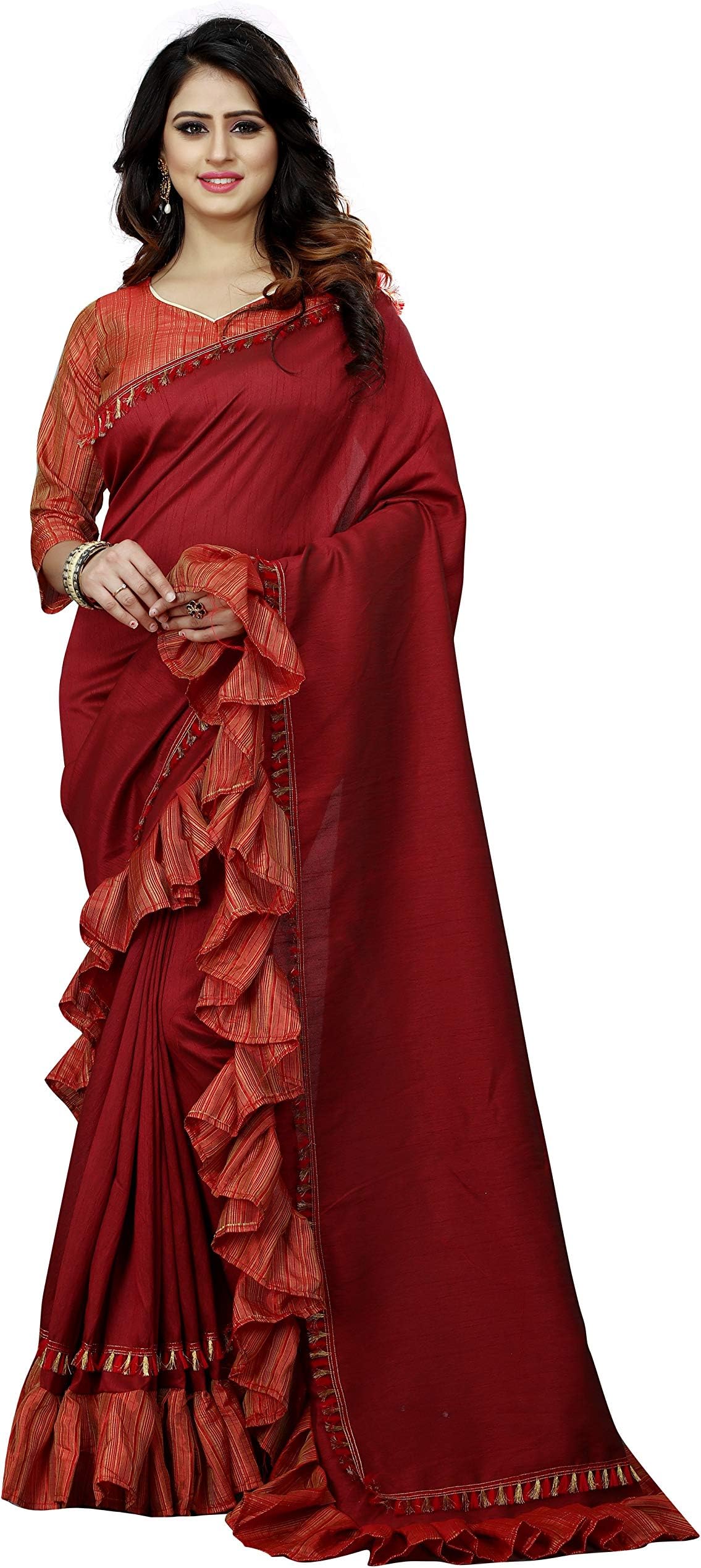 Vastrang Sarees Women's Silk Ruffle Saree with Blouse Piece; Frilly