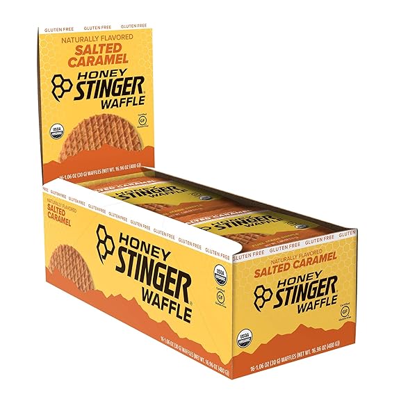 HONEY STINGER ORGANIC GLUTEN FREE SALTED CARAMEL WAFFLE, ENERGY STROOPWAFEL FOR EXERCISE, ENDURANCE AND PERFORMANCE, SPORTS NUTRITION FOR HOME & GYM, PRE & POST WORKOUT, 16.96 OUNCES (PACK OF 16)