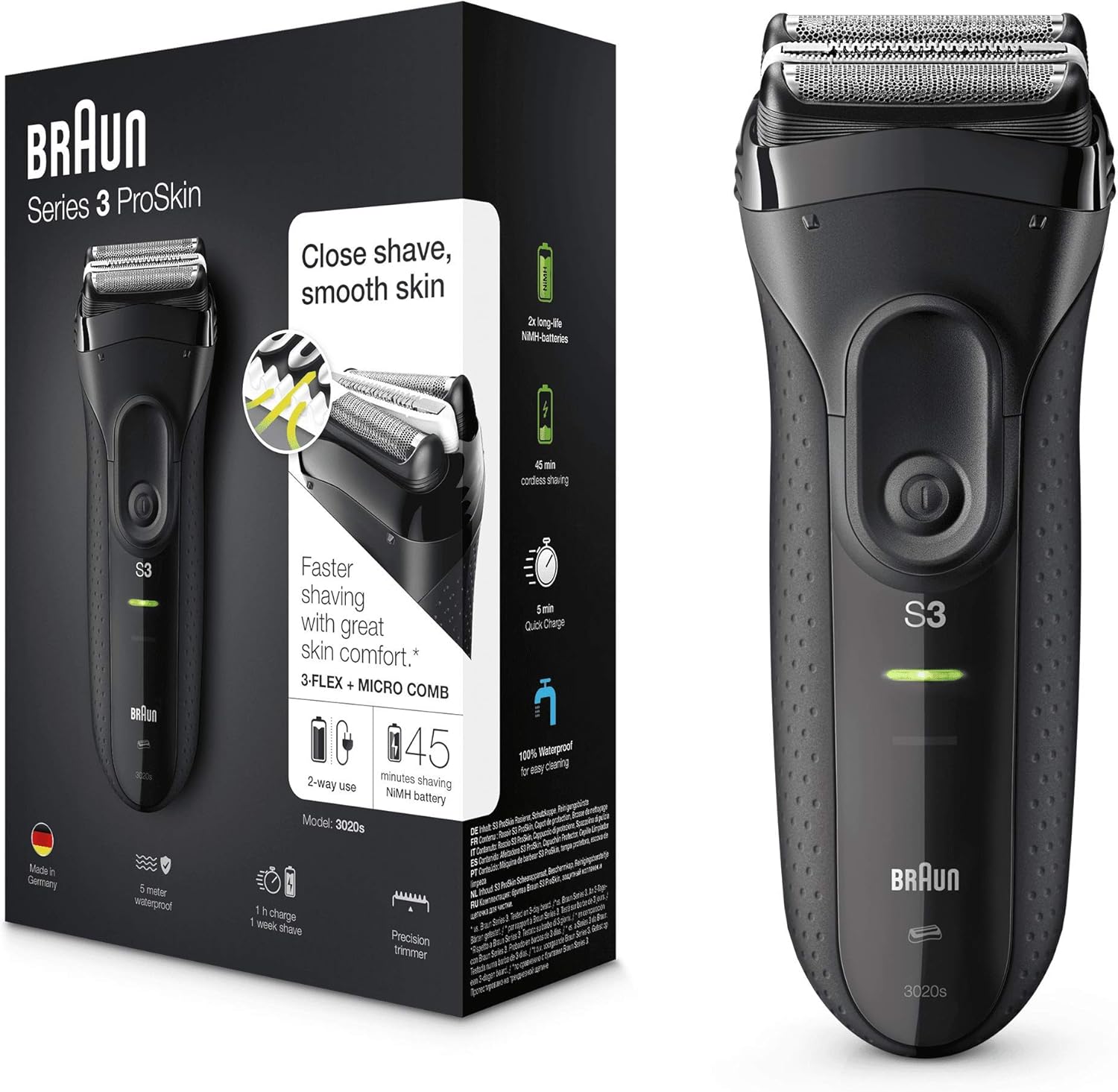 Braun Series 3 ProSkin 3020s Elektrorasierer, wiederaufladbarer Rasierer Herren, schwarz