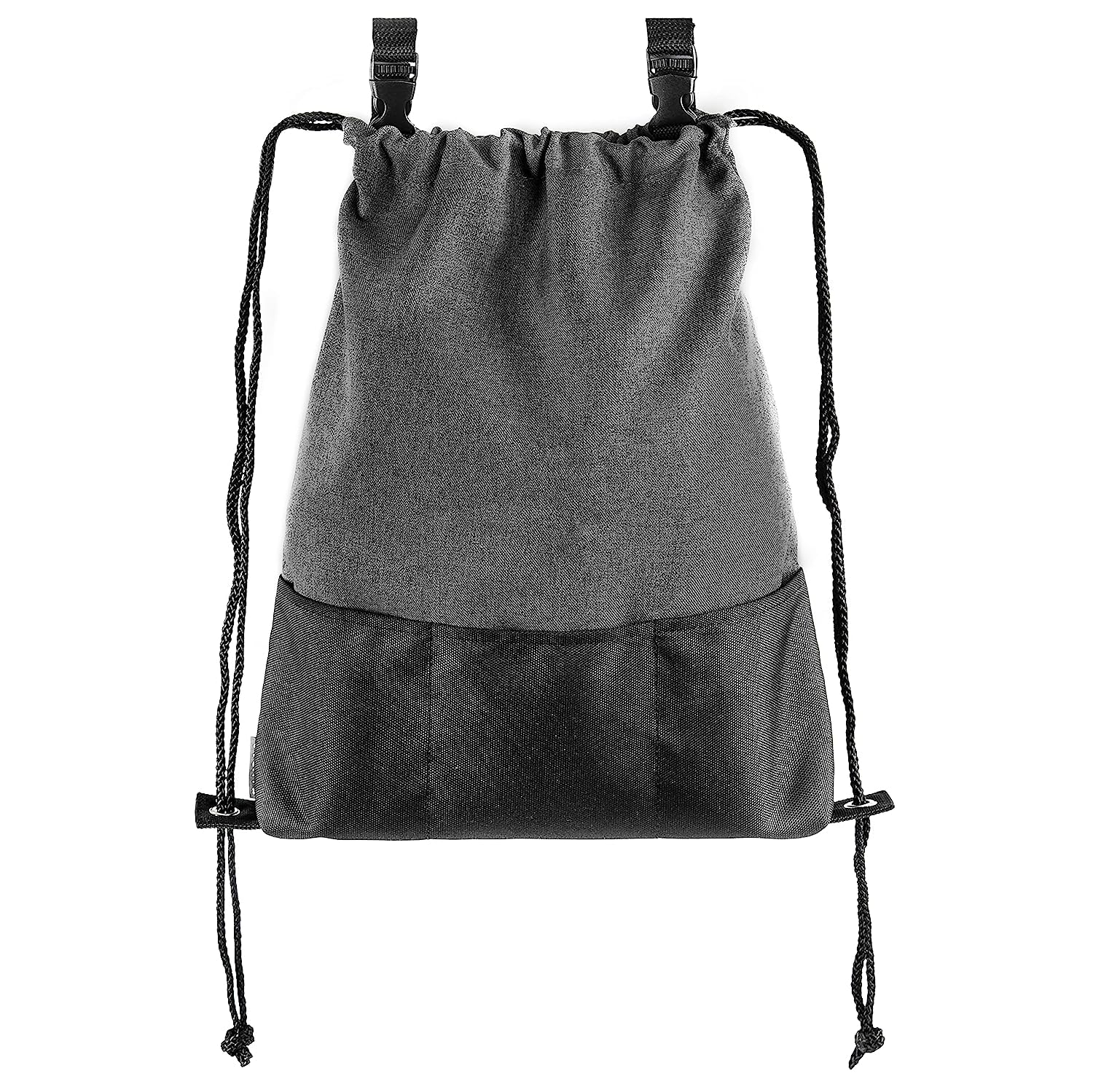 ZAMBOO Buggy Organiser Bag with Multiple Compartments and Pram Attachment Strap - Multi-Purpose Drawstring Backpack - Grey/Black