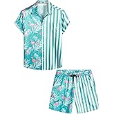 VATPAVE Mens Flamingo Hawaiian Sets Casual Short Sleeve Button Down Shirts Beach Outfits