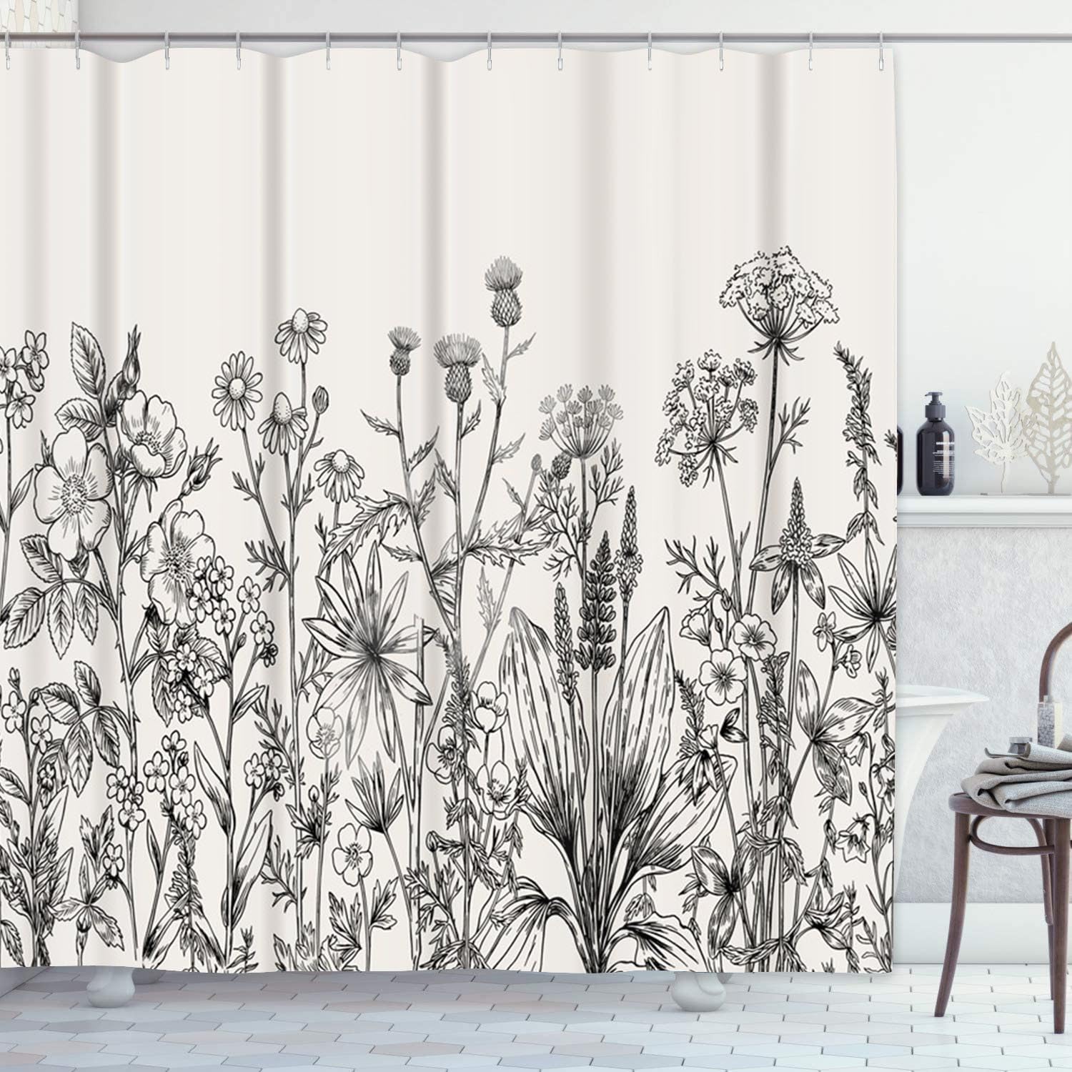 Emvency Shower Curtain Floral Border Herbs and Wild Flowers Botanical Vintage Engraving Black Waterproof Polyester Fabric 72 x 78 Inches Set with Hooks