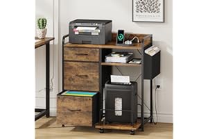 YAOHUOO Printer Stand with Fabric Filing Cabinet Drawers/Power Outlet, Printer Cabinet with Storage Shelf and Rolling Shredder Cart, Printer Table for Home Office,Rustic Brown