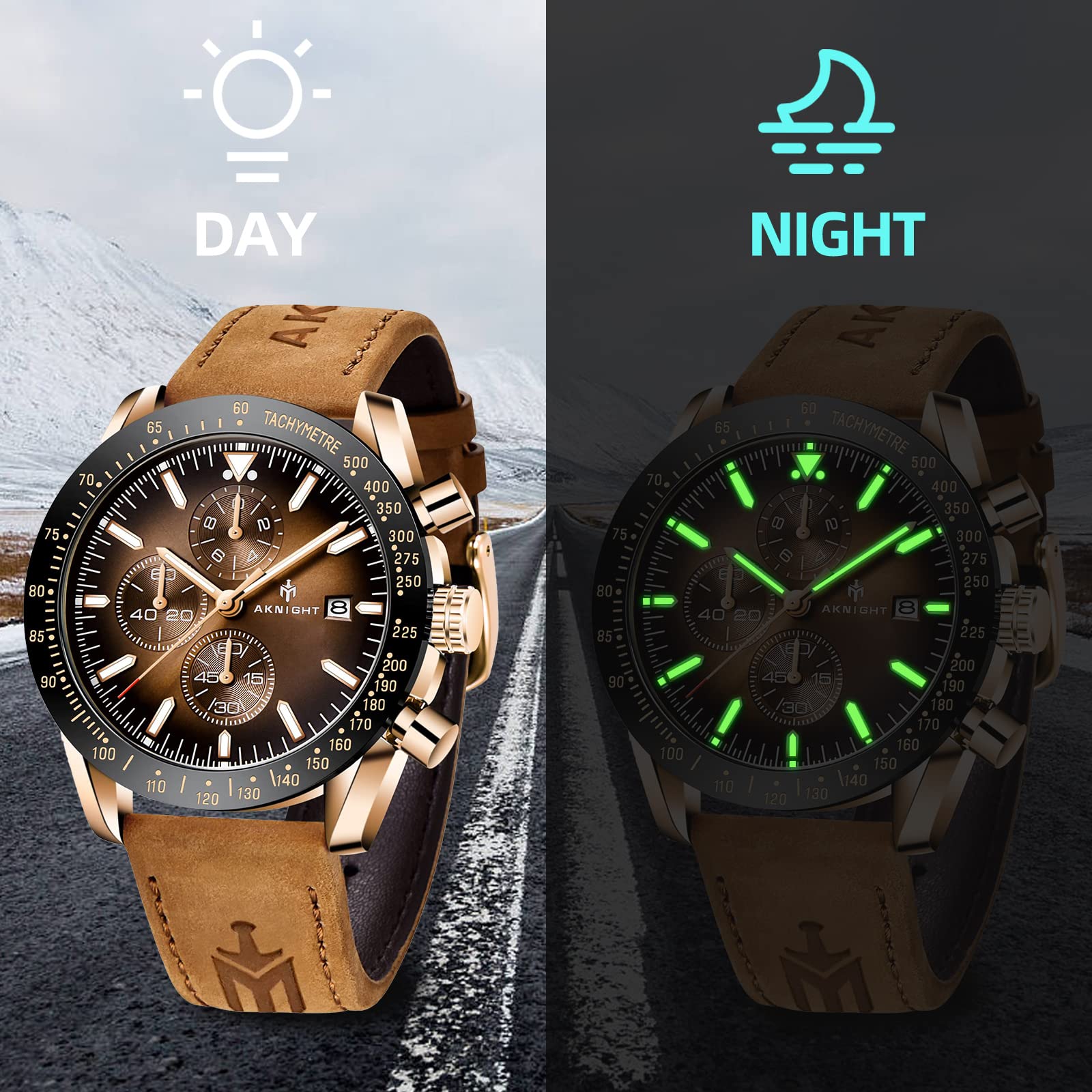 AKNIGHT Watch for Men Luxury Watches with Brown Leather Strap Timepiece Birthday Gift Wrist Watches, Luminous Sports Analog Quartz Movement Waterproof