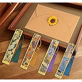 4 Pieces Metal Bookmarks Exquisite with Tassel,Golden Hollow Bookmark with Envelopes,Oil Painting Theme Vintage Book Mark,Pretty Bookmarks for Friends Teachers Students Birthday Present