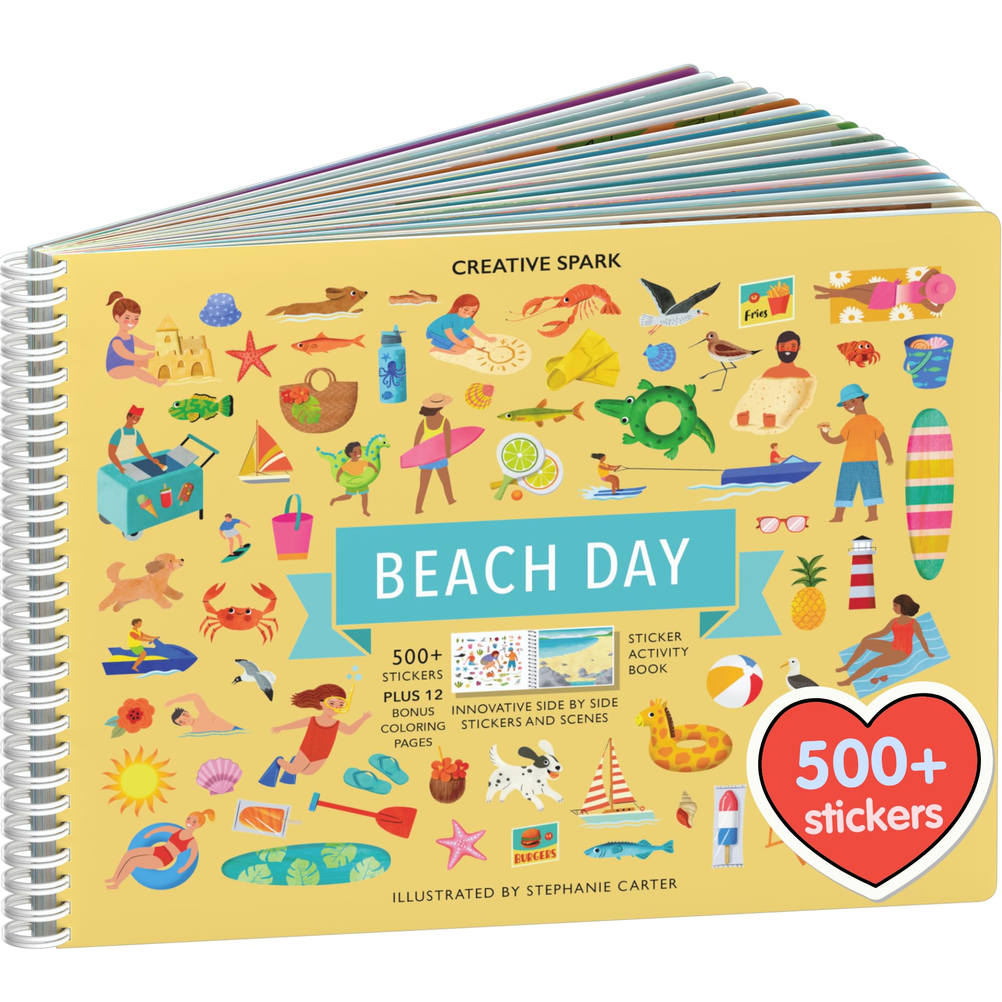 CUPKIN Sticker Book for Kids 2-4, 500+ Kids Stickers, Beach Day 12 Coloring Pages 12 Side by Side Scenes, Fun Toddler Travel Activity Coloring and Sticker Books for Children Ages 4-8 + 8-10