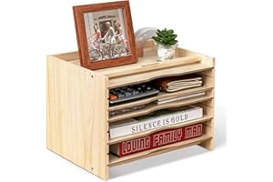 Becko Wooden File Organizer Paper Sorter File Sorter with 4 Adjustable Shelves & Top Storage Compartment for Office and Home