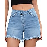 LookbookStore Jean Shorts for Women Low Waisted Stretchy Crossover Waist Denim Shorts Raw Hem