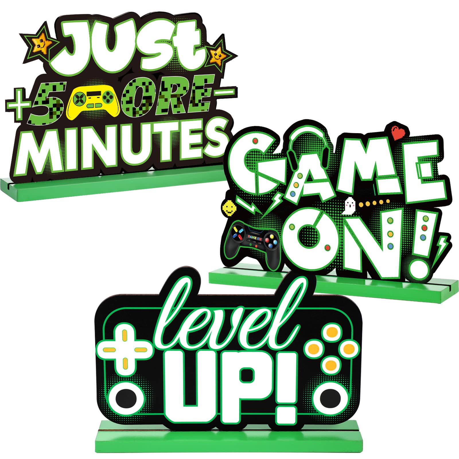 Video Game Table Decorations Pixelated Table Sign Wooden Table Centerpiece, Game On, Level up, Just 5 More Minutes Table Topper, Gaming Party Decoration for boy Kid Birthday Baby Shower Supplies