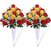 LOSFOTBO Set of 2 Artificial Cemetery Flowers, Grave Memorial Flowers with Vase, Outdoor Grave Decorations Roses for Cemetery Headstones Decoration (Red Yellow)
