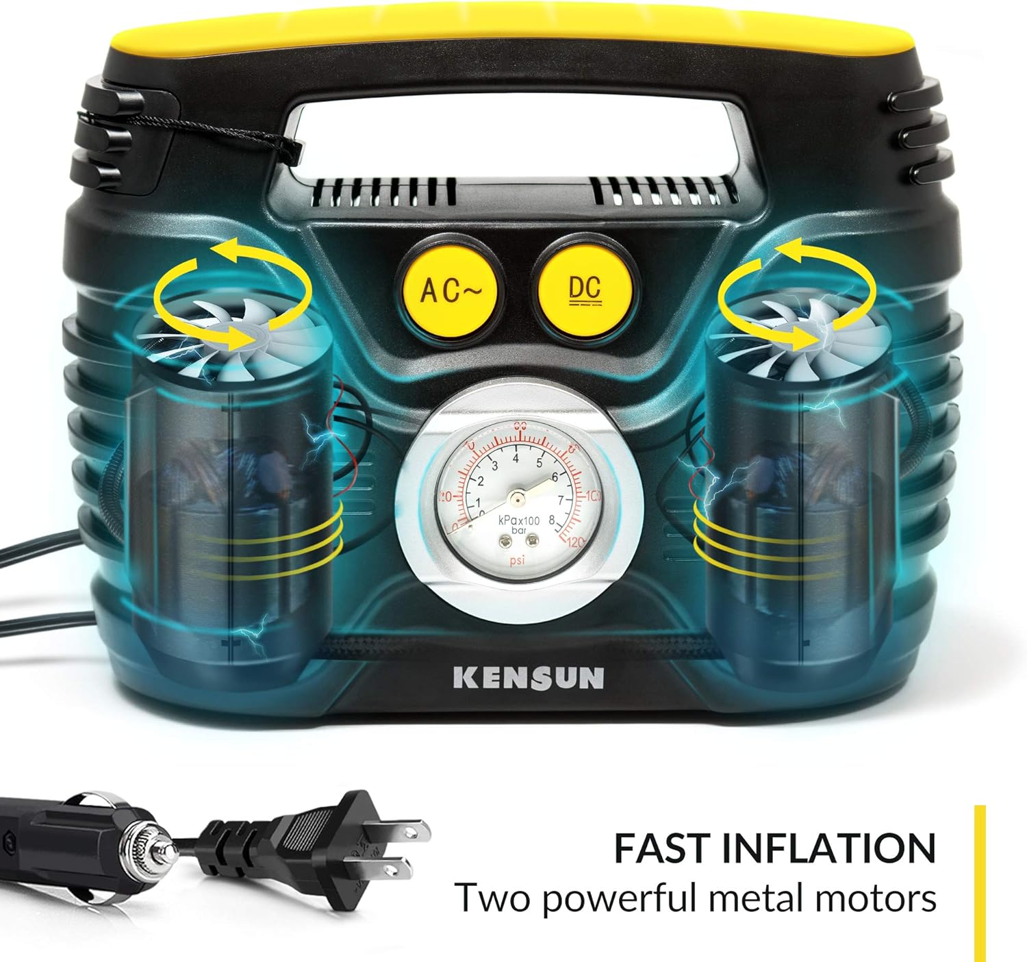 Kensun AC/DC Tire Inflator Portable Air Compressor Pump for Car 12V DC and Home 110V AC Swift Performance Inflator for Car, Bicycle, Motorcycle, Basketball and Others: Automotive