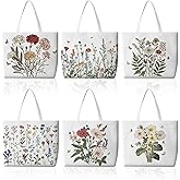 Bencailor 6 Pcs Christmas Flower Canvas Tote Bags Bulk Floral Tote Bags Reusable Aesthetic Wildflowers Shopping Grocery Handbags for Women Xmas Gifts
