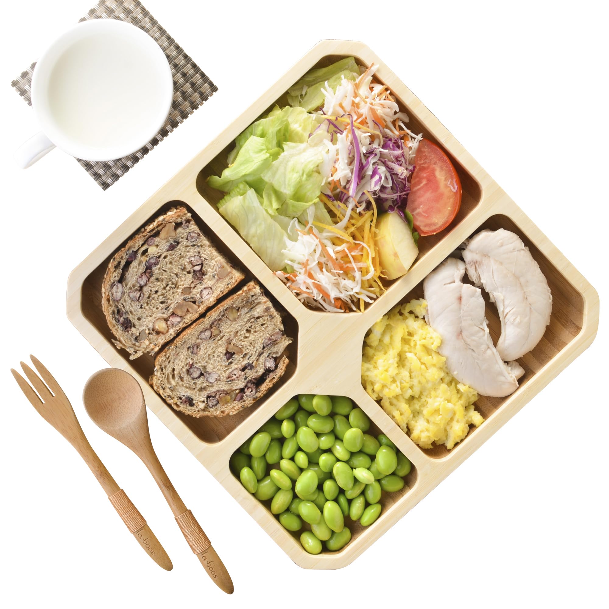 Bamboo Portion Control Tray (4 Sections) – USDA MyPlate Balanced Meal Divider for Weight Loss & Healthy Eating – Square Wooden Dish