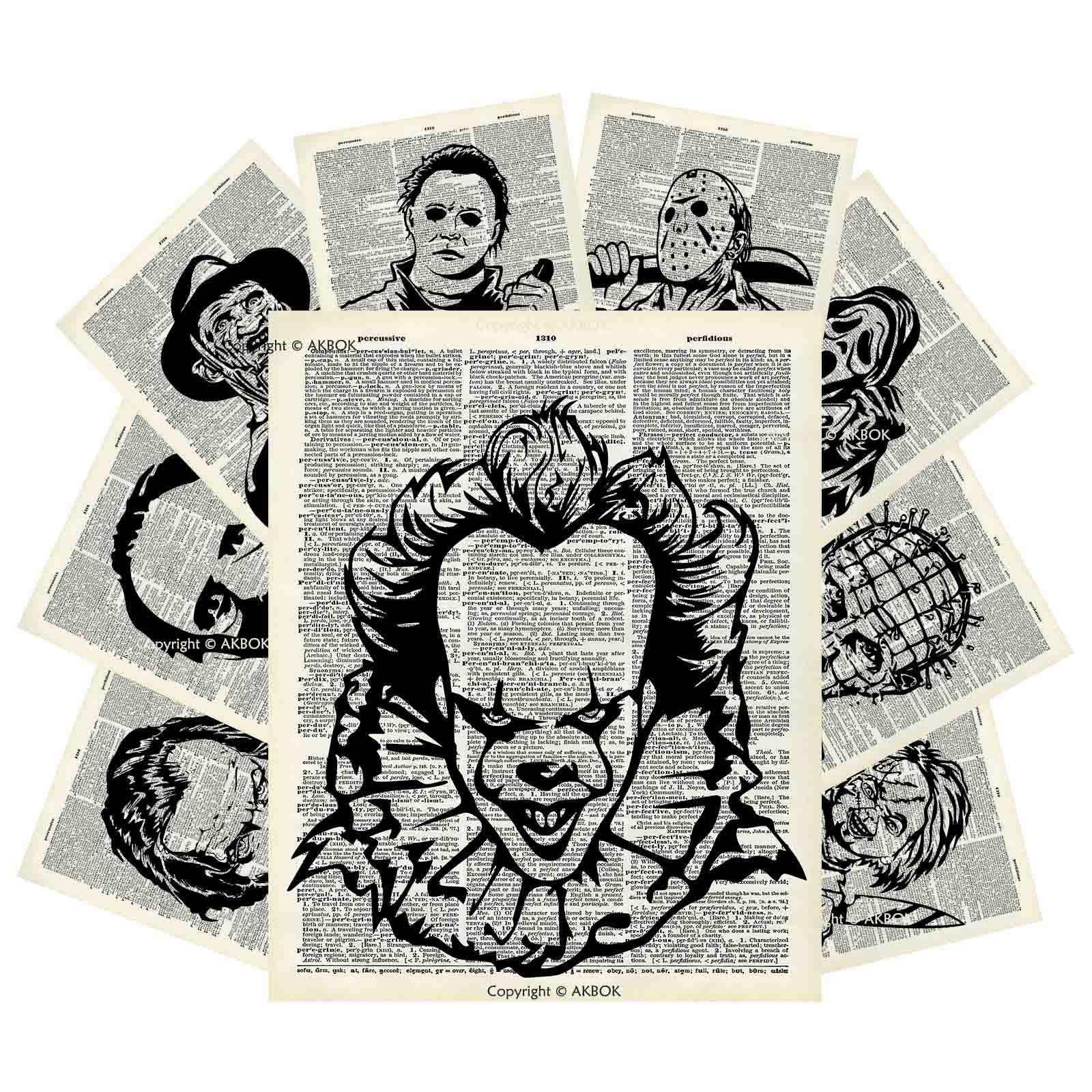 AKBOK Original Horror Movie Character Dictionary Art Print - Vintage Movie Posters Set - Great Gift For Horror Fans - Home Decor 8x10 inch Unframed 9pcs