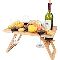 Tirrinia Bamboo Wine Picnic Table, Ideal Wine Lover Gift, Large Folding Portable Outdoor Snack & Cheese Tray for Concerts at 