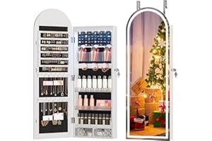 LVSOMT Wall Mounted Jewelry Organizer Lockable, 43"x16" Door Hanging Arched Mirror with Lights and Jewelry Storage, 6 LEDs Jewelry Cabinet (White)