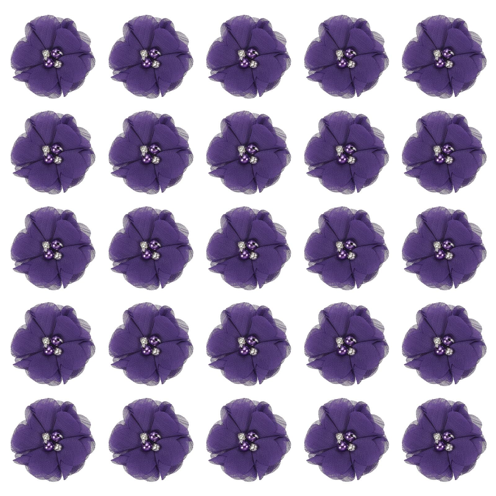 PATIKIL 2" Chiffon Flowers, 30Pcs Fabric Flowers Sewing Appliques Embellishments with Rhinestone Pearl for DIY Crafts Wedding Headbands Party Decoration, Dark Purple